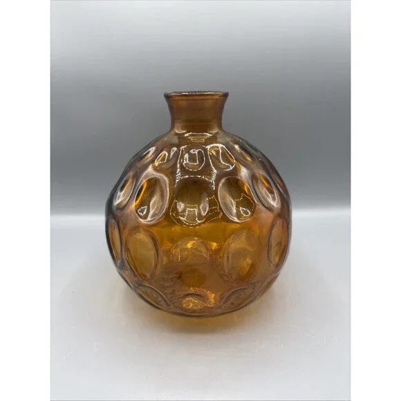 Amber Thumbprint Pressed Glass Round Vase Bohemian 70's Vtg Vidrios San Miguel