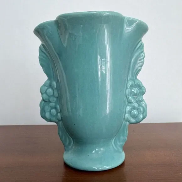 Vintage Aqua/turquoise Ceramic Vase Floral Sides 8 in. Stamped 3530 California