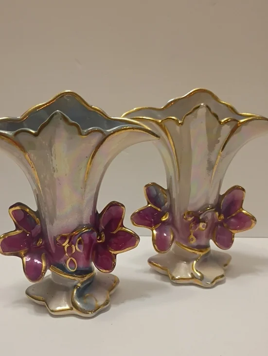 Mid Century Goldra E Palestine Lusterware Floral Porcelain Vase Pair