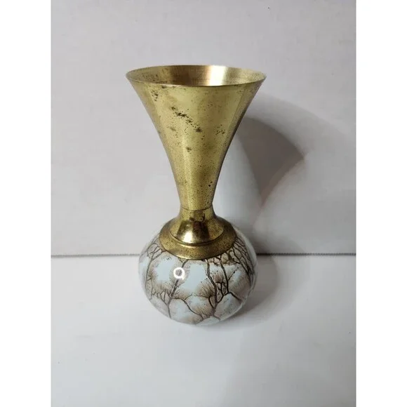 Vintage Delft Porcelain And Metal Bud Vase Measures 5.75” Tall Turquoise Marbled