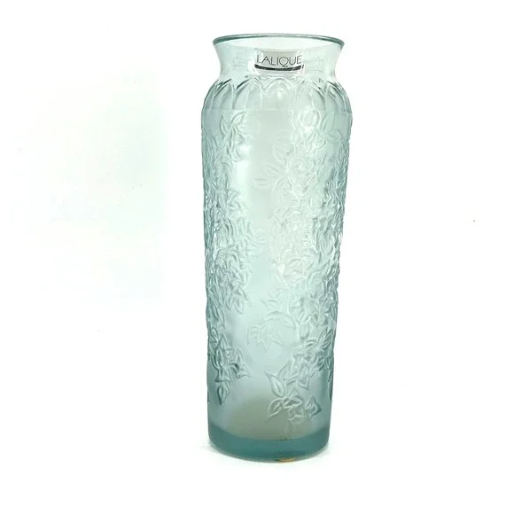 Lalique France Bougainvillier Frosted Glass Floral Vase Blue W/Original BoxPaper
