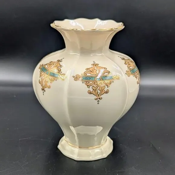 Vintage Lenox Vase Ivory Gold Teal Porcelain Made in USA