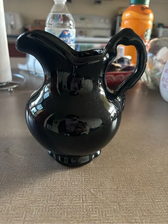 Glossy Black Glass Pitcher Vase w/ Bowl - Decorative Home Accent