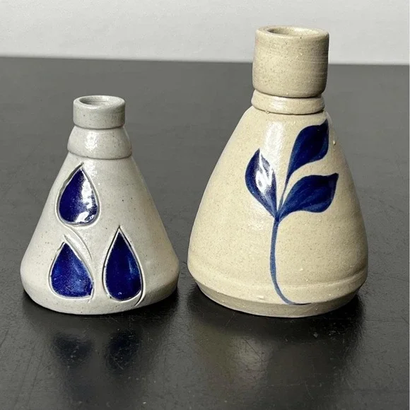 Williamsburg Pottery Bud Vase Set‎ Gray Tan Cobalt Blue Salt Glaze Leaf Small