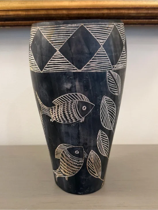 Hand Carved African Soapstone Vase Fish Plants Black White 8” Vessel