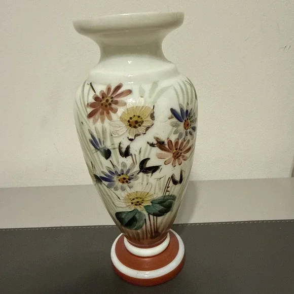 Vintage Hand Painted Milk Glass Wildflower Vase Terracotta Base 8.5