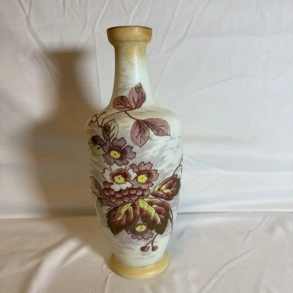 Vintage Hand Painted Satin Milk Glass Floral Vase Purple Yellow 9.75