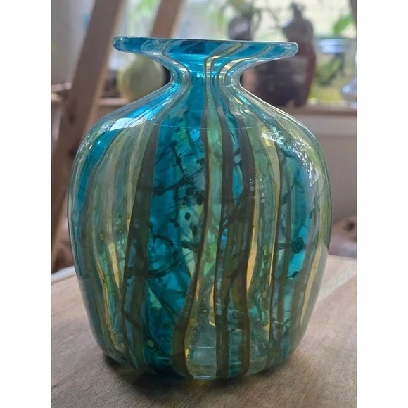 Vintage Mdina Glass Vase 1980s Malta Crysal Blue Stripe Art Glass