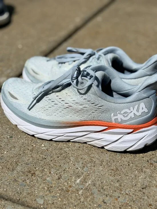 HOKA Clifton 8 Womens 9B Blue Fog Orange Running Shoes Athleisure Sportcore 4127