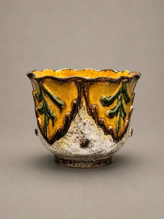 Vintage Art Pottery Planter Signed Italy Mustard Yellow Green Sculptural Ceramic