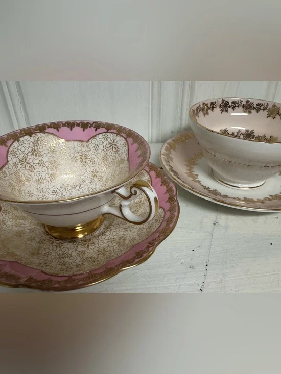 Vintage English Bone China Teacup Sets Foley Stanley Pink Gold Filigree 2 Sets