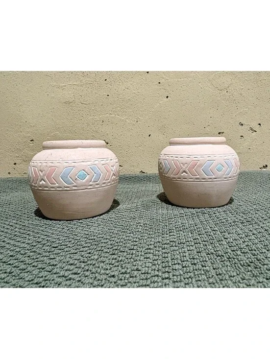 Vintage Southwestern Ceramic Vases - Pastel Pink & Blue Geometric - Set of 2