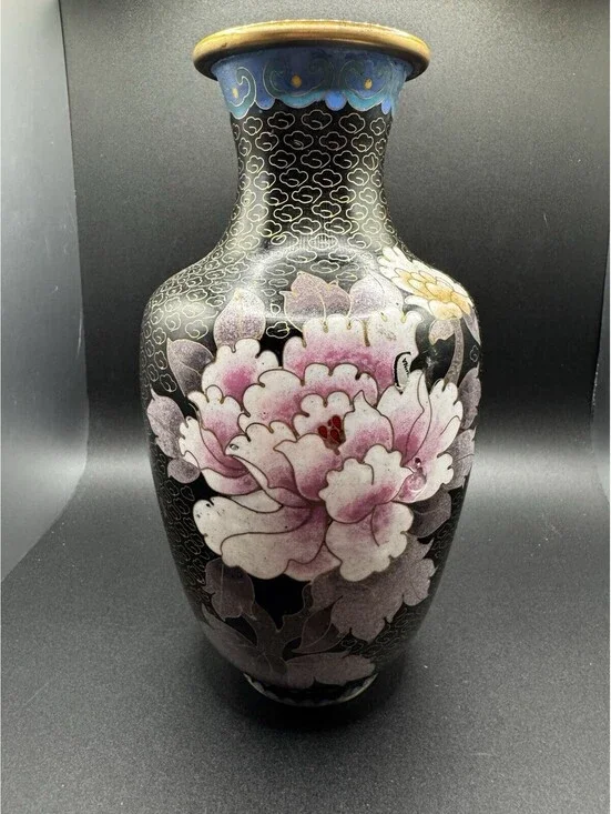 Vintage Brass And Cloisonne Vase China - 8” Flowers Butterfly - Pink & Yellow