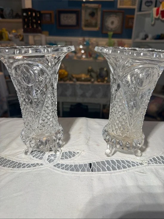 Pair of Clear crystal tulip Glass Footed Vases - Decorative Tabletop Accent