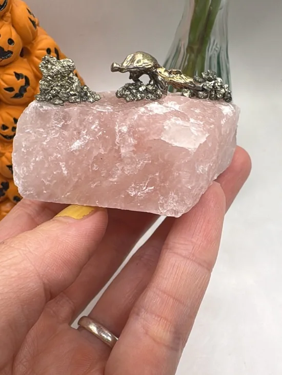 Rose Quartz miner with pyrite Accent Sculpture - Pink Crystal Home Accent