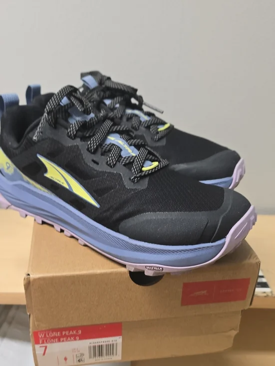 Altra Women's Lone Peak Black Trail Runners with Lavender and Yellow Size 7