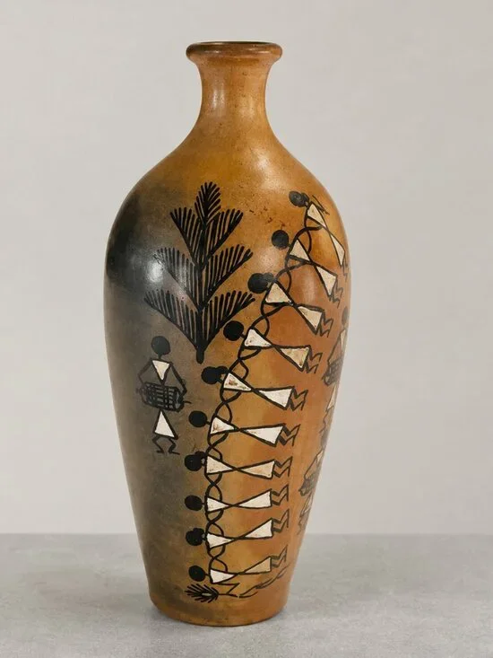 VTG African Tribal Pottery Vase Hand Painted Dancing Figures and Drum players