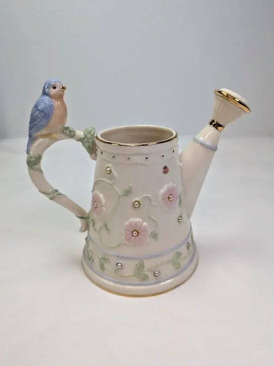 Lenox Porcelain Miniature Bird Watering Can Floral Pearl Glaze Gold Trim