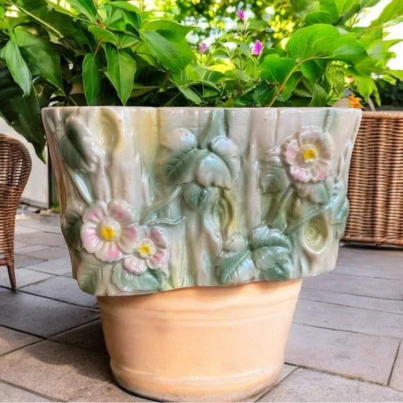 Vintage 1950s Wales Pottery Japan Floral Log Planter Cottagecore MCM