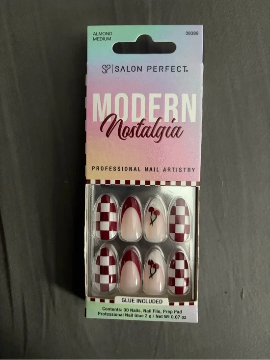 Salon Perfect Modern Nostalgia Almond Medium Red & Cream Press-On Nails