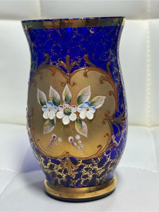 Vintage Bohemian Cobalt Blue Glass Vase with Gold Gilded Detailing and Raised En