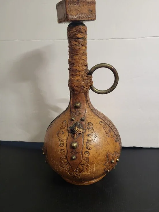 Vintage Rustic Brown Decorative Leather Italuan Bottle #1616-1325