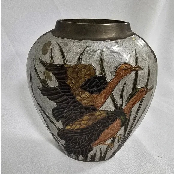 Vtg‎ solid brass enameled flat vase w/pheasants Mid-Century earthy boho rustic