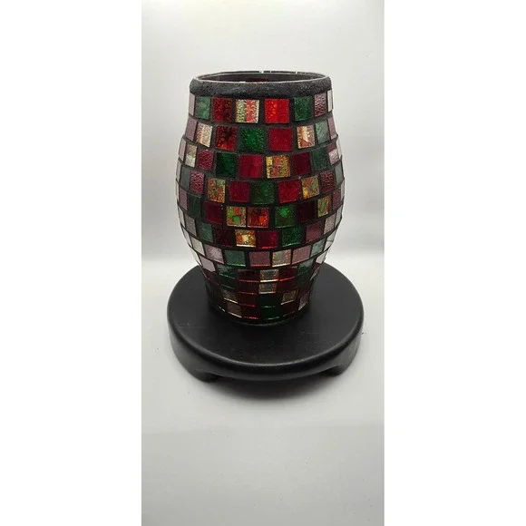 Mosaic Glass Hurricane Vase Candle Holder Red Green Amber Checkered Wood Base