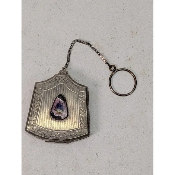 Vintage Silver Tone Compact Mirror Powder Case Chain Finger Ring Floral Enamel