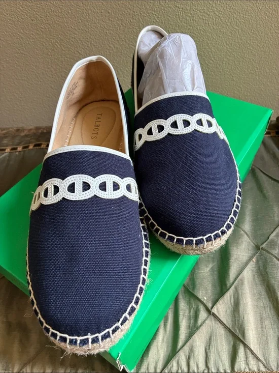 Talbots Navy Espadrille Slip-On with Cream Embroidered Trim