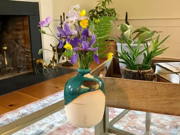 Vintage Studio Pottery Bud Vase Teal Drip Glaze Round Mid Century Artist Signed