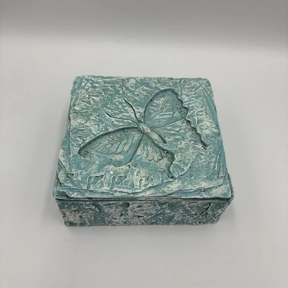Vintage Stone Concrete Butterfly Trinket‎ Box Teal