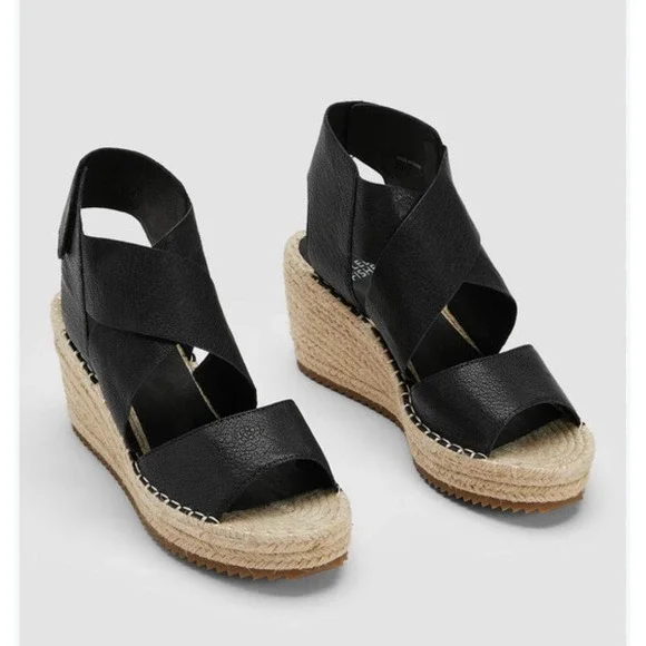 Eileen Fisher Willow Wedge Leather Espadrilles 6.5 Black Minimalist Shoes New
