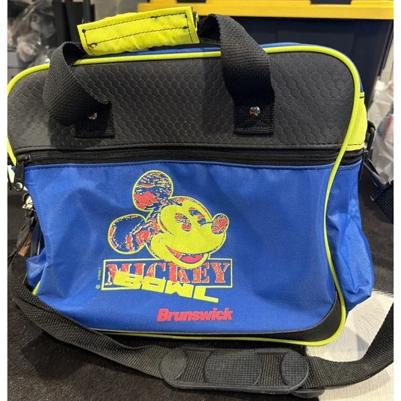 Vintage Mickey Bowl Mouse Brunswick Bowling Bag Blue Yellow Neon‎ 90s USA RARE