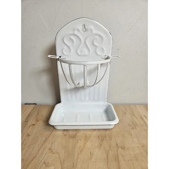 Vintage White Enamelware Wall Mount Soap Dish Holder Wire Basket Farmhouse Decor