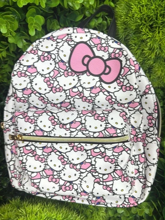 Hello Kitty White and Pink Patterned Kids Backpack with Gold Zipper