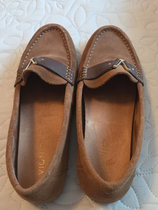 Vionic Tan Suede Loafers with Dark Brown Strap and Gold Accent