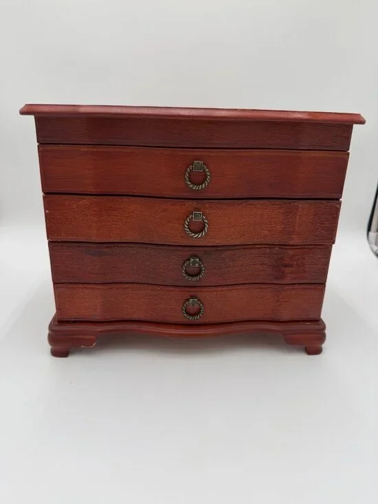 Wooden Jewelry Box With Four Drawers Mirrored Lid & Felt Lining - Vintage Look