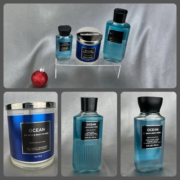Bath & Body Works Ocean 3pc Gift Set Bundle for Men Candle & Body Wash Full Mini