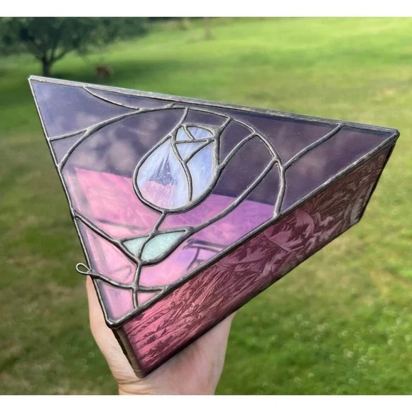 Handmade Stained Glass‎ Rose Jewelry Box Purple Amethyst Triangle Trinket Box