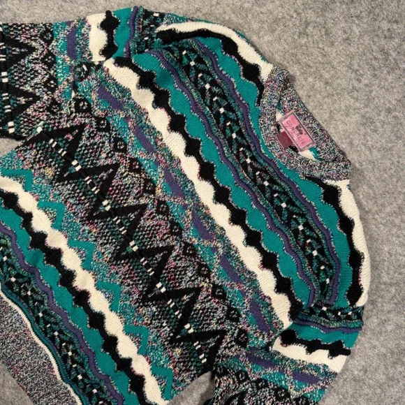 Vintage‎ Concrete Mix Women L 16-18 Sweater Geometric Knit Teal Purple Black