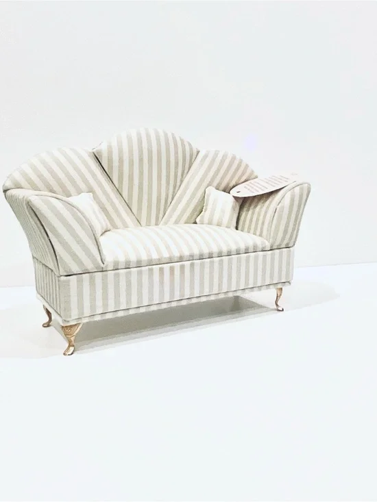 Miniature Striped Cream and White Accent Loveseat Sofa Jewelry Box