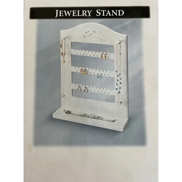 NIB White Shabby Chic Wooden Jewelry Stand Countertop‎ Earring Holder Organizer