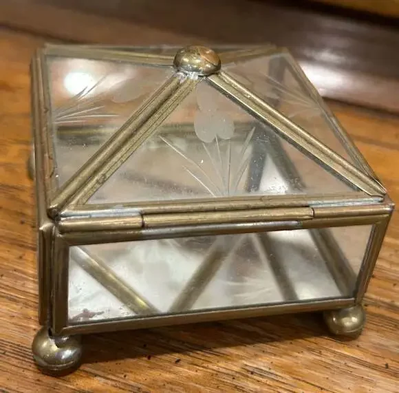 Vintage Brass and Etched Glass Footed Trinket Box with Mirrored Bottom