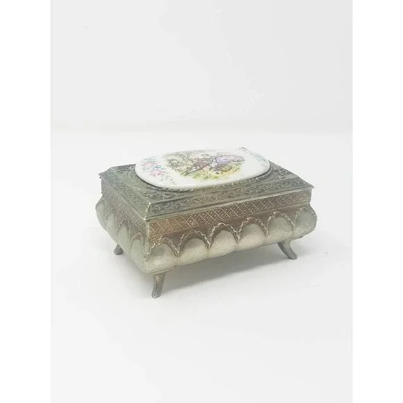 Vtg brass hinged jewelry box ceramic top‎ inside velvet Victorian Italy