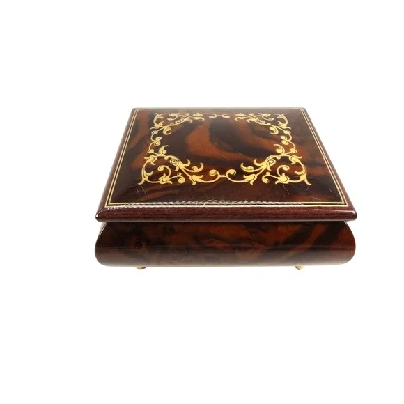 Reuge Swiss Musical Italian Inlaid Brown Burl Wood Jewelry Box‎ Made in Italy