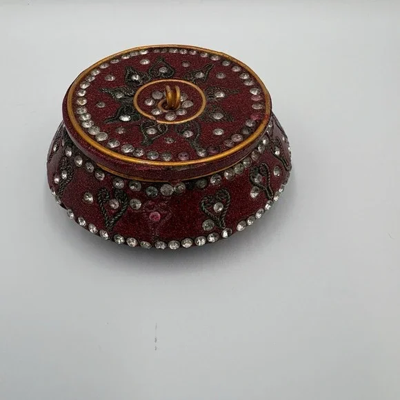 Burgundy Enamel Trinket Ring Box Metallic Fleck Finish Rhinestones Inlaid Hearts