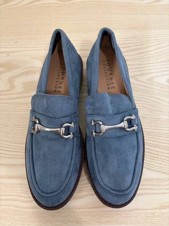 Journee Collection Blue Suede Loafers with Silver Bit