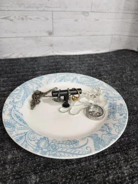Upcycled Royal Norfolk Blue Paisley Jewelry Stand Ring Dish T-Bar