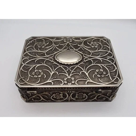 Vintage Godinger Silver Plate Floral Jewelry Trinket Box Art Nouveau 9.5”